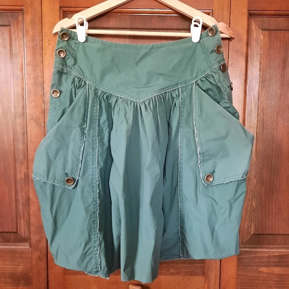 Vintage Y2K Bellvilles Green Frayed Edge Pleated Midi Skirt W/ Pockets Size S/M